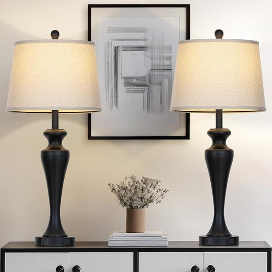 30" Black Table Lamps for Living Room, 3-Way Dimmable Touch Bedside Lamp with USB A+C Ports and AC Outlet, Tall Bedroom Lamps Set of 2, Modern Metal Nightstand Lamps for Desk Side Table Office