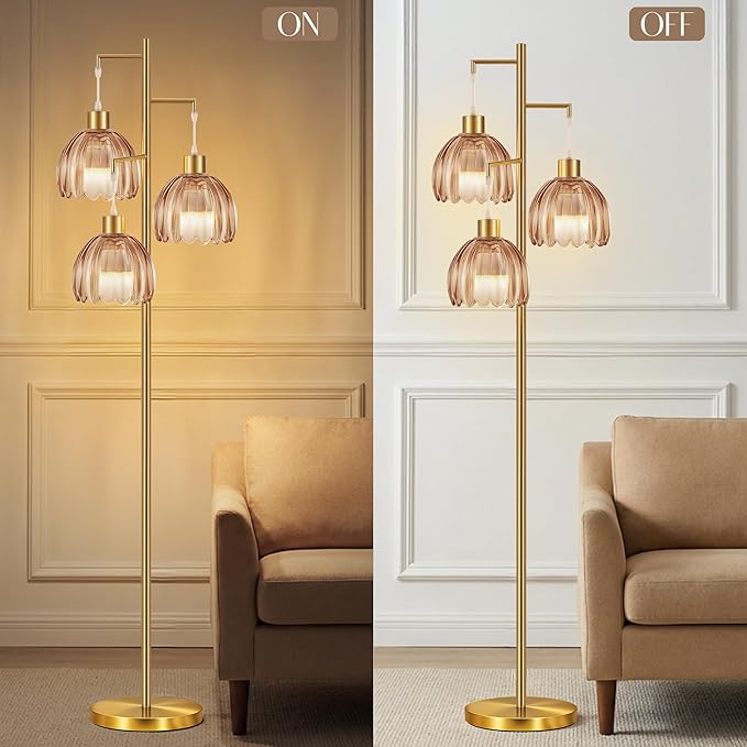 COTTHOS Floor Lamp for Living Room, Modern Standing Lamp Brass Glass Green Tree 3 Light Tall Floor Lamps for Bedroom & 800 Lumens LED Bulbs, Vintage Boho Flower Lamp Shade Farmhouse Boho Bohemian Gold