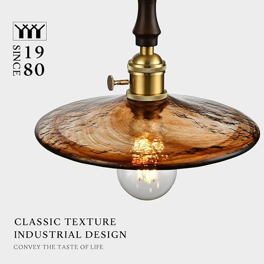 Modern Amber Glass Pendant Light, 9"x7.3" Wide Disc-Shaped Hanging Fixture with Wood & Brass Detail, 15"-72" Adjustable Line, E26 Socket – Golden Amber Disc