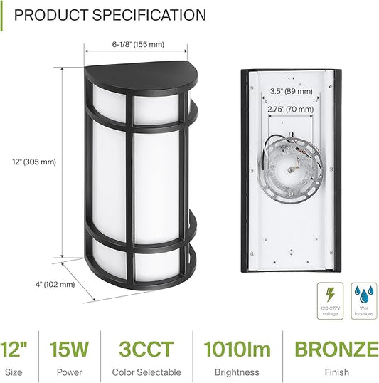 ASD LED 12" Half Cylinder Wall Light Fixture, Outdoor Patio Sconce | 3CCT, Stainless Steel, Waterproof, Energy Star, ETL Listed | 15W 1010LM 3000-5000K 100-277V | Exterior Lighting | Dark Bronze