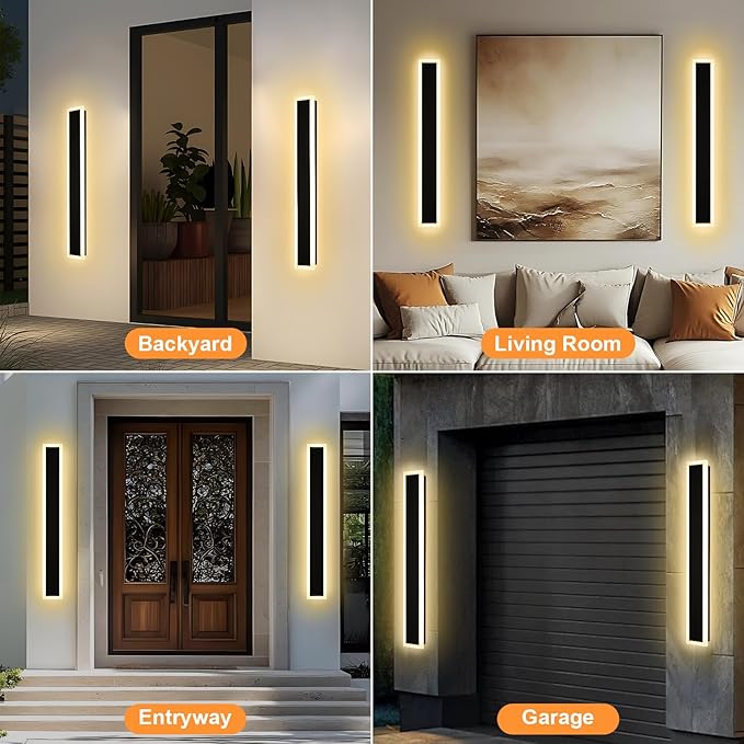 2 Pack 40In Black LED Outdoor Wall Lights Exterior Garage Lights, 3000K-6000K Dimmable Modern LED Linear Wall Sconce IP65 Waterproof Long Outdoor Wall-Mount Lighting Fixture for House Porch