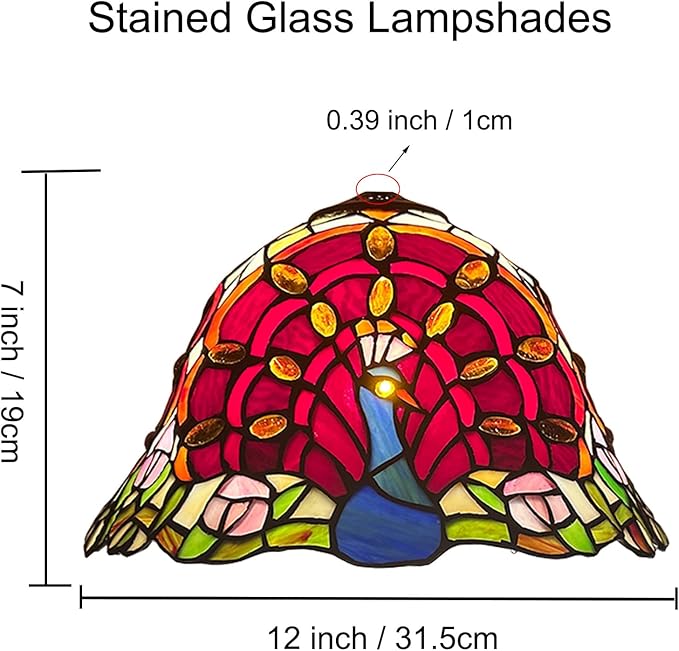 12 Inch Red Blue Peacock Lamp Shade Replacement, Only Tiffany Style Stained Glass Lampshades, Retro Bird Light Cover for Bedside Reading Lamp Kitchen Lamp Study Lamp Desk Lamp,Red