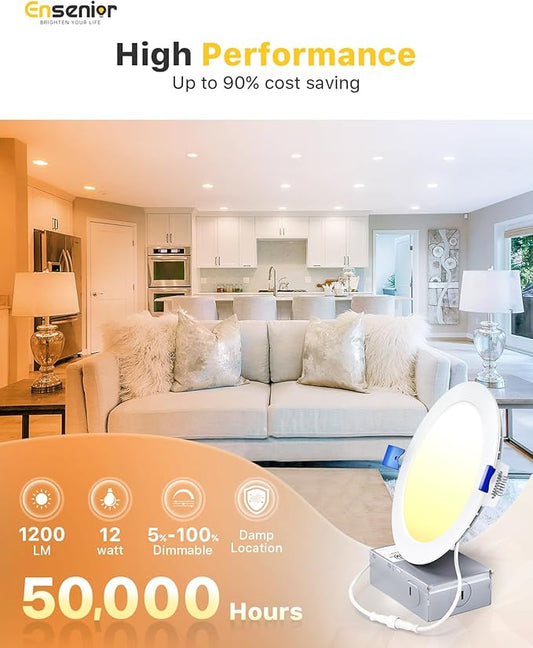 Ensenior 20 Pack 6 Inch LED Recessed Light, Dimmable, 2700K-5000K 5CCT, 1200LM High Brightness, 12W 120V, Damp Rated, Ultra-Thin Canless Wafer Ceiling Light - ETL & FCC & IC