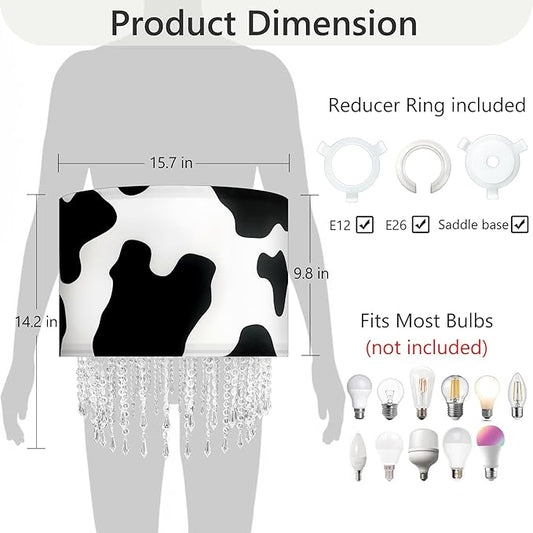 Black White Cow Print Lamp Shade with Acrylic Bead Droplets, Animal Drum Fabric Light Shade for Pendant Table & Floor Lamp, Cute Party Room Decor for Grandchild Kids Teens, 15.7in