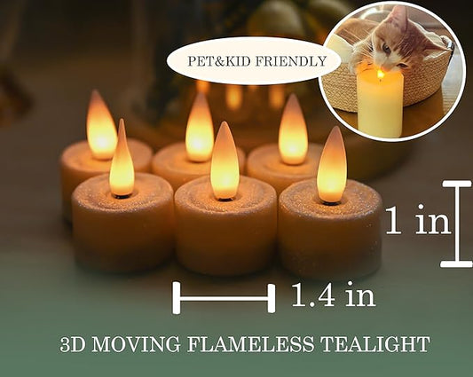 Rechargeable Flameless Tealights Candle with Remote Timer, 3D Moving Flame Real Wax Led Tealight Candles (Includes Remote Control, Charging Base, and USB Cable) (Glitter Ivory, 1.4in)