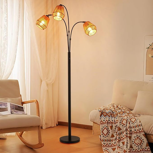 9MMML Vintage Black Arc Floor Lamp with Rotatable Arms & Rattan Lampshade, 3-Light Mode Rotary Switch Adjustable, 72.5'' Tall Standing Lamp for Living Room, Bedroom, E26 Base