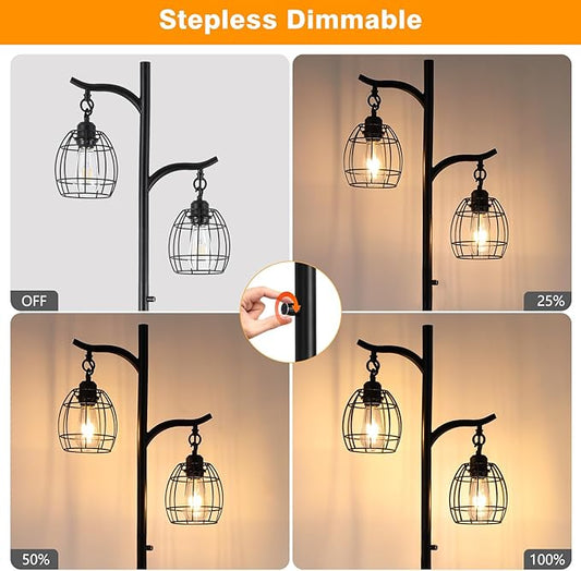 9MMML Floor Lamp for Living Room, Farmhouse Industrial Dimmable Floor Lamps with 2 Hanging Teardrop Cage, Vintage 67'' Tall Black Tree Standing Lamp for Bedroom Office, 2 x 800LM LED Bulbs Included