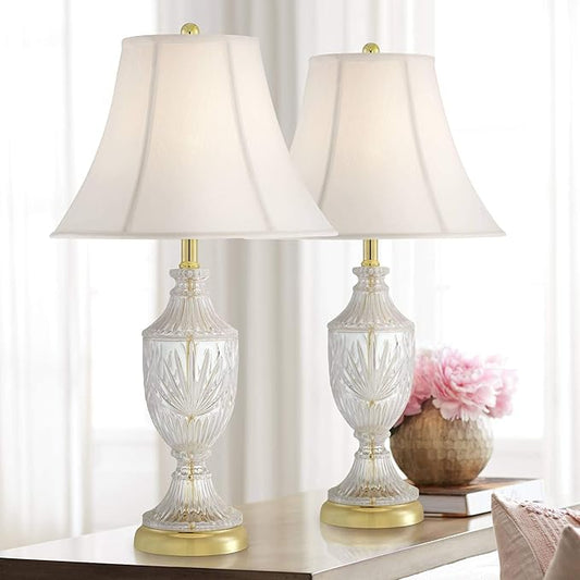 Regency Hill Traditional Glam Luxury Table Lamps 26.5" High Set of 2 Clear Glass Urn Brass Gold Metal White Cream Bell Shade Decor for Living Room Bedroom House Bedside Nightstand Home