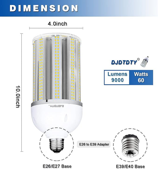 60W LED Corn Bulb, E26 Base with E39 Adapter, 5000K 9000LM LED Light Bulb for Garage Warehouse Workshop Barn (60Watts)
