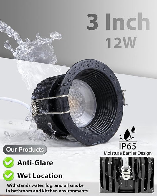 Adetu 3 Inch 5CCT Black Anti-Glare LED Downlight with Junction Box, 2700K/3000K/4000K/5000K Selectable, CRI90+, 12W COB, 1160LM, IP65 Waterproof, Dimmable-ETL and Energy Star Certified (Black,1 Pack)