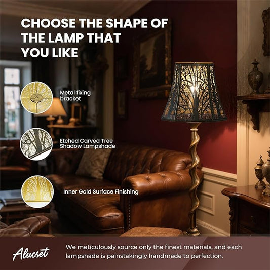 Square Cut Corner Metal Lamp Shades, 7" Top x 12" Bottom x 10.5" High Medium Bell Lampshade (Spider Fitter), Etched Forest Lampshades for Table Lamps and Floor Lamps, Bronze Gold Tree Pattern