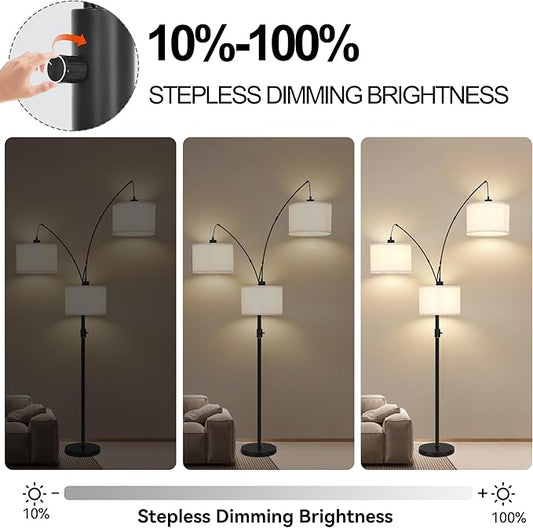Dimmable Arc Floor Lamp-3 Lights Floor Lamps for Living Room,Modern Tall Standing Lamp with Beige Drum Shades&Heavy Base,Mid Century Tree Floor Lamp for Bedroom Corner Office,Bulbs Included