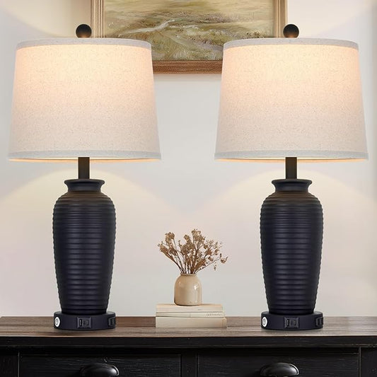 25" Retro Black Farmhouse Jar Table Lamps Set of 2, 3 Way Touch Control Rustic Bedside Lamps with USB A+C Ports & AC Outlet, Pot Nightstand Lamps for Bedroom Living Room (LED Bulbs Included)