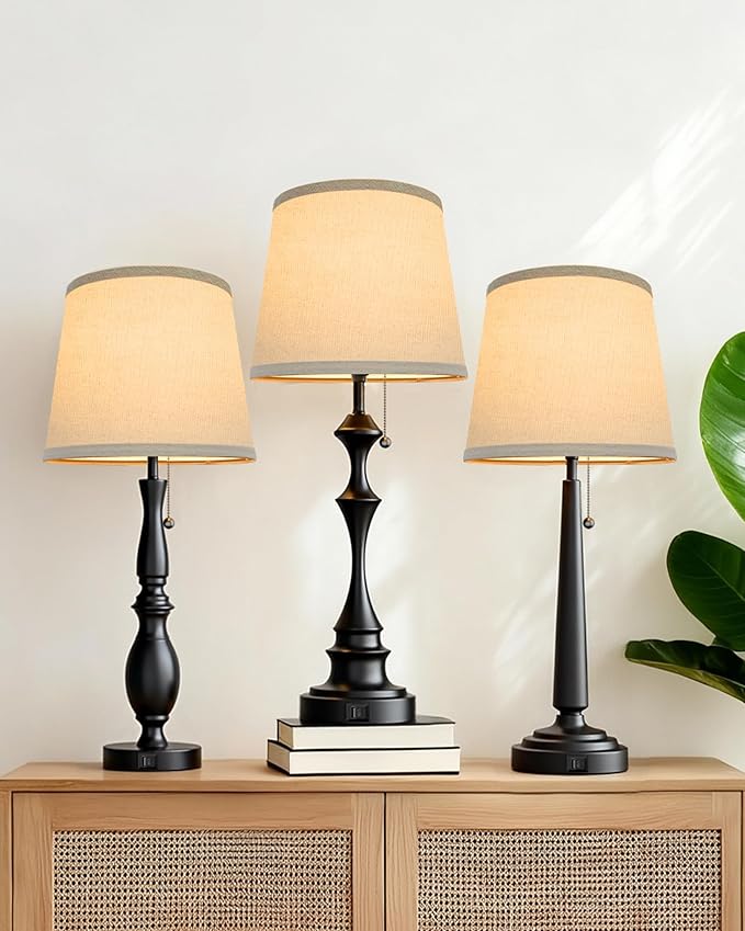 EppieBasic Farmhouse Lamps for Living Room Set of 2: Rustic Lamp 22'' for Night Stands, Vintage Table Lamp with USB C+A Charging Ports, Bedroom Lamps with Round Fabric Linen Lampshade, 3-Way Dimmable