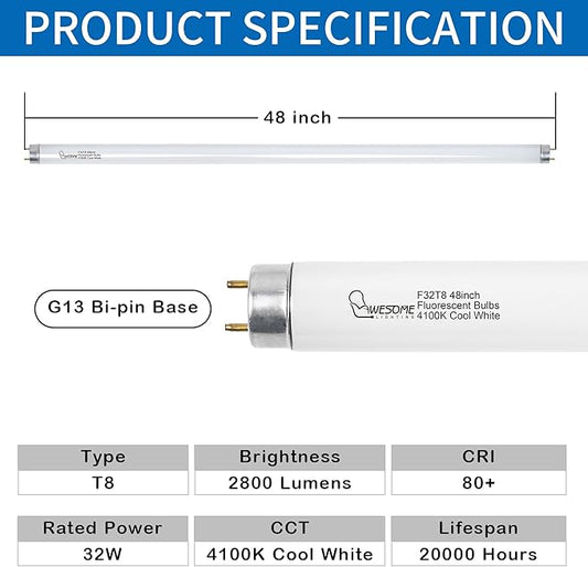 48 Inch F32T8/841 32W T8 Fluorescent Light Bulb, 4100K Cool White, 2800 Lumens, G13 Bi-Pin Base, 4FT T8 Fluorescent Tube Light Bulbs - 5 Pack