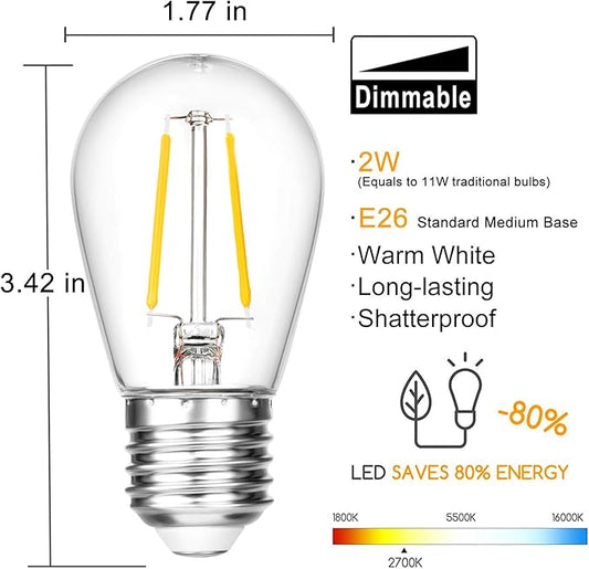 15 Pack Dimmable Shatterproof S14 LED Replacement Outdoor String Light Bulbs, 2700K 2W Plastic LED E26 Medium Screw Base Edison Bulbs Equivalent to 11-25 watt
