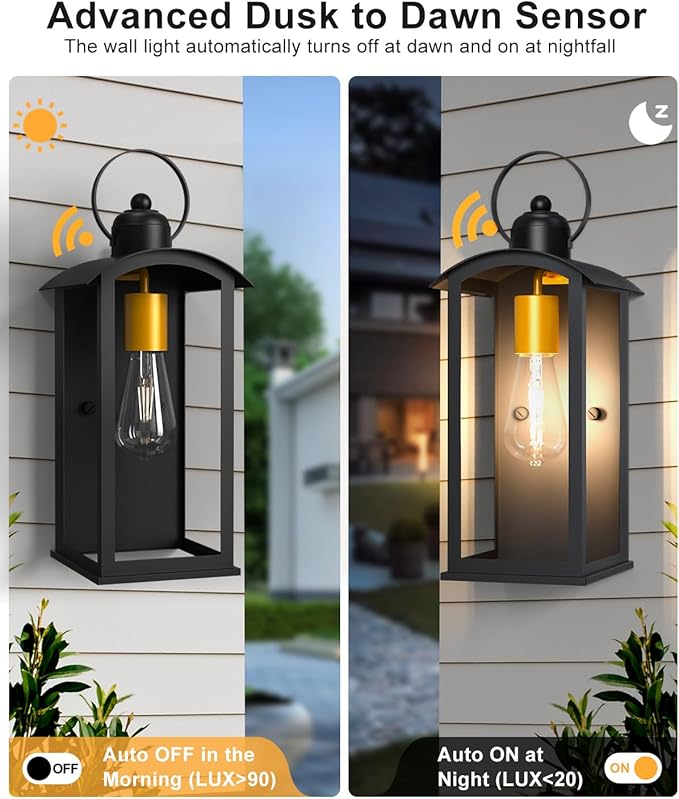 Dusk to Dawn Outdoor Wall Light Fixtures, 15inch Waterproof Patio Lanterns, Exterior Wall Mount Lantern Sconce with Glass, Black Wall Sconces for House Garage Front Door