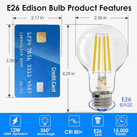 Energetic Dimmable A19 LED Edison Light Bulb, 12W Equivalent 100W, 1600LM High Brightness, 4000K Cool White, Clear Antique LED Filament Bulb for Home, Bathroom, E26 Standard Base, 6-Pack