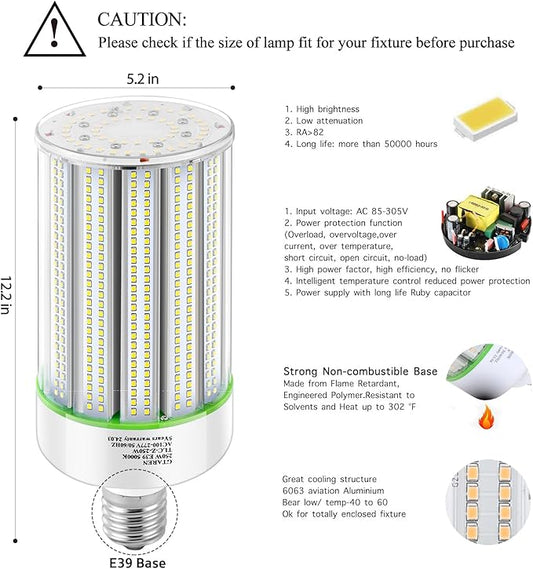 250W LED Corn Light Bulb,1000w Metal Halide Replacement,5000K E39 Mogul Base LED Bulb,Retrofit HPS HID Lamp for Commercial Industrial High Bay Light Fixture Wearehouse Gyms Storage Room Workshop