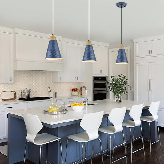 Dijiahua Blue Kitchen Pendant Lighting Over Island 3 Pack,Small Modern Farmhouse Chandeliers Navy Hammered Metal Shade,Mini Vintage Adjustable Cord Hanging Ceiling Lamp Fixtures Over Sink