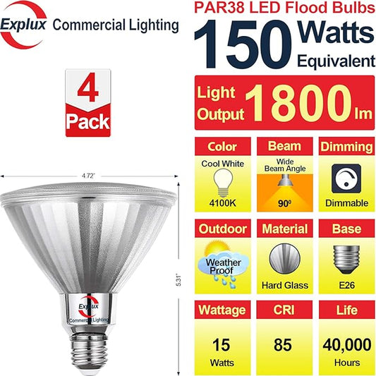 Explux Commercial-Grade LED PAR38, 150W Equivalent, 1800 Lumens, 40000 Hours, Classic Full Glass Flood Light Bulbs, Dimmable, Waterproof & Anti-Ageing, Cool White 4100K, 4-Pack