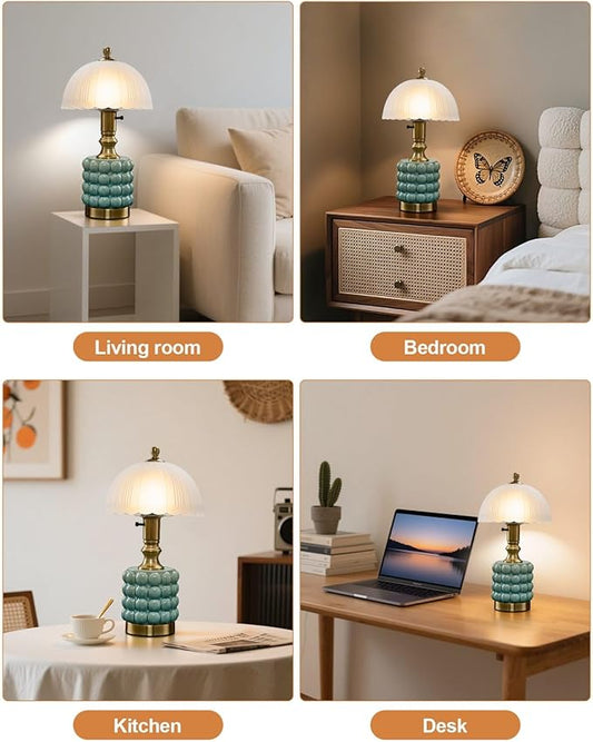 Vintage Lamp for Bedroom,Unique Lamps Cracked Ceramic lamp,UL Rotary Switch Control Glass lamp Shade,Small Table lamp for Living Room Decor Kitchen Lighting (Blue +Glass)