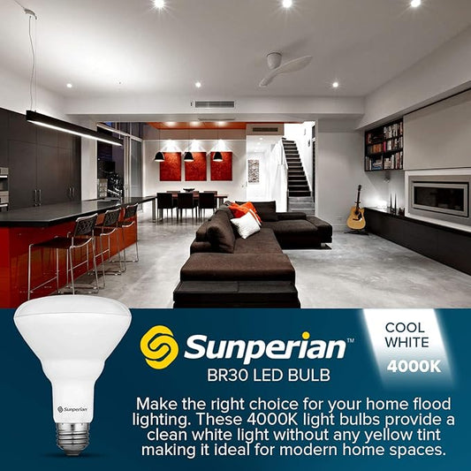 SUNPERIAN 6 Pack BR30 LED Bulb, 8.5W=65W, 4000K Cool White, 800 Lumens, Dimmable Flood Light Bulbs for Recessed Cans, Enclosed Fixture Rated, Damp Rated, UL Listed, E26 Standard Base