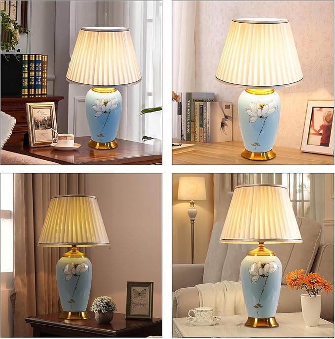 Blue Ceramic Table Lamp with White Fabric Lamp Shade Vintage Lamps with Flower and Bird Patterns,Traditional Home Decor Ceramic Table Lamp for Living Room Bedroom Nightstand Home Office