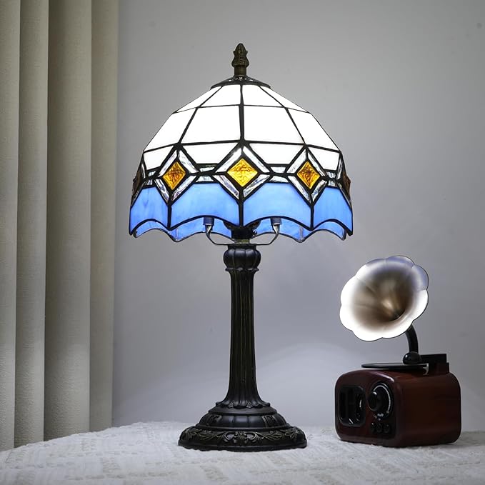 Blue and White Lamp Small Tiffany Lamps Bedside for Bedroom Dector Light Stained Glass Table Lamp Living Room Night Lamp Farmhouse Cute 8 Inch Aesthetic Mediterranean Mosaic Nightstand Desk Lamps E26