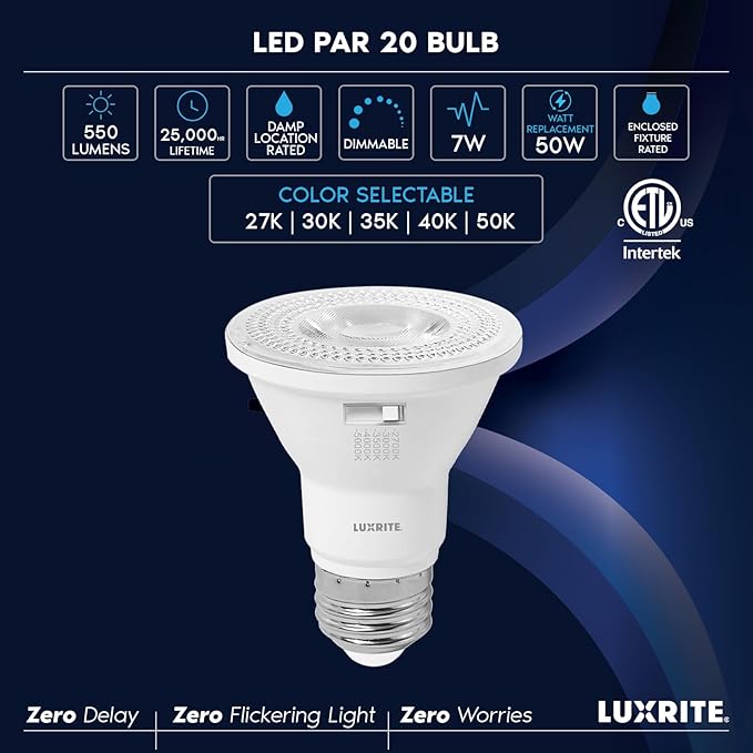 LUXRITE PAR20 LED Flood Light Bulb, 50W Equivalent, 5 Color Selectable 2700K-5000K, 550 Lumens, 7W, Dimmable LED Spotlight Bulb, Damp Rated, ETL Listed, E26 Base - Indoor Outdoor (4 Pack)