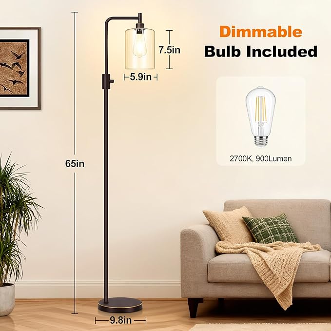 【Upgraded】Dimmable Floor Lamp for Living Room with Glass Lampshade, Brown and Gold Modern Floor Lamp with 900LM LED Bulb Included, Bright Standing Tall Lamp for Bedroom, Office, Reading Room, Corner