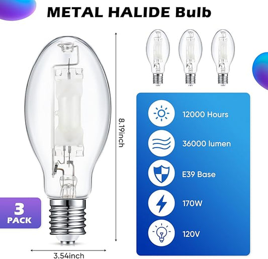 3 Pcs 175 Watt Lighting Metal Halide Lamp MH400/U/MOG 36000 Lumen 4000K Outdoor Light Bulb 12, 000 Hour Span Life Mogul Base (E39) ED28 High Intensity Discharge Metal Halide Bulb