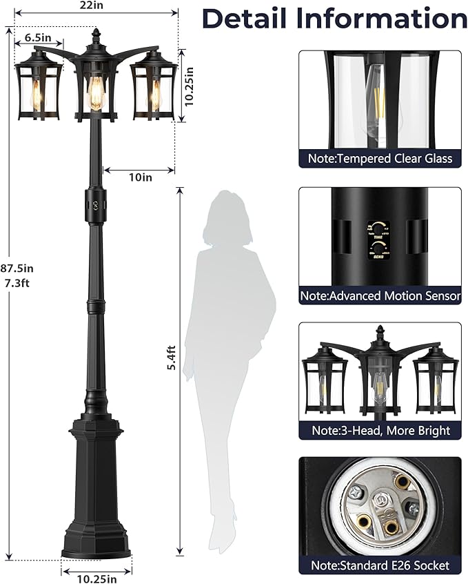 Lotsky Motion Sensor Outdoor Post Lights,360°Detection Dusk to Dawn Lamp Posts Outdoor Lighting with 3 Modes,Black 3-Head Aluminum Outside Street Light for Garden,Driveway,Patio,Waterproof,E26 Base