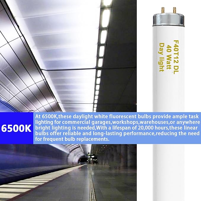 48 Inch F40T12/DL 40W 6500K Daylight Fluorescent Light Bulbs, 4ft T12 Linear Tube Lights F40T12/865, 2650 Lumens, G13 Bi-Pin 12 Pack