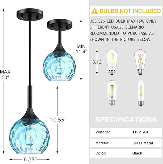 6.3" Blue Texture Glass Rod Pendant Light 3 Pack Pendant Ceiling Light Fixture Black Finish Modern Farmhouse Dinning Over Sink Adjustable Height Cord