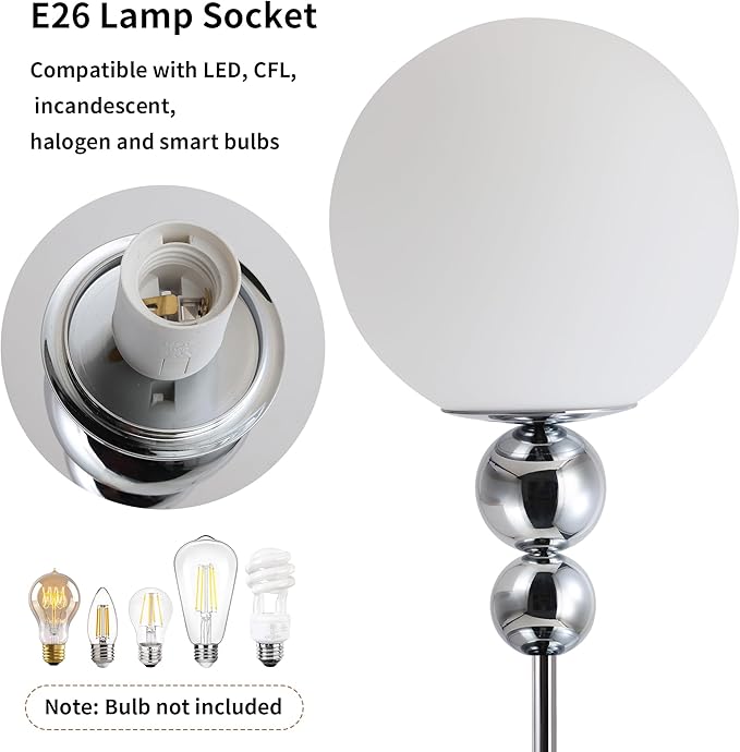 Modern Glass Floor Lamp for Bedroom, 63'' Vintage Mid-Century Floor Lamp with Milky White Frosted Glass Globe Shade for Living Room Corner, Slim Standing Reading Lamp for Office Decor (Chrome)