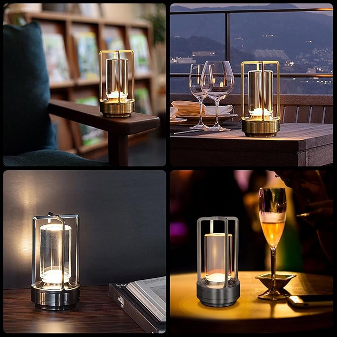 Cordless Table Lamp for Outdoor Indoor, Portable Rechargeable Battery Powered LED Crystal Lantern Lamp, 3 Color Touch Control Stepless Dimming, Small Desk Light for Restaurant Home (Gold)