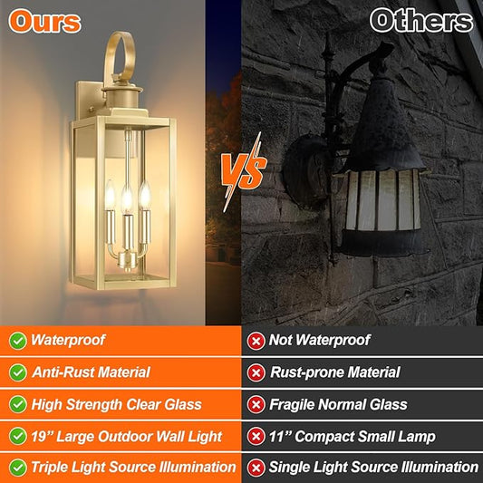 19'' Large Outdoor Wall Lantern, Gold Waterproof Outside Wall Sconce Lights for House, Anti-Rust Exterior Lighting Fxitures with Clear Glass Shade for Front Porch, Garage, Patio, 1-Pack