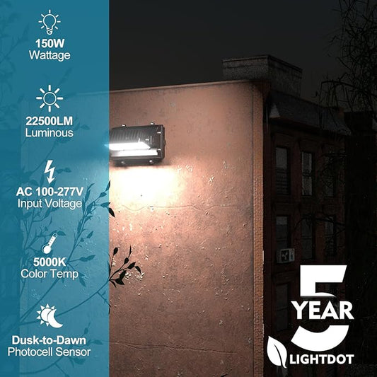 Lightdot 6Pack 150W LED Wall Pack Lights, 360Β° Adjustable Panel with Dusk to Dawn Photocell, 22500Lm 5000K, IP65 Waterproof & Advanced Heat Dissipation Outdoor Security Lighting(Height:10~20ft)