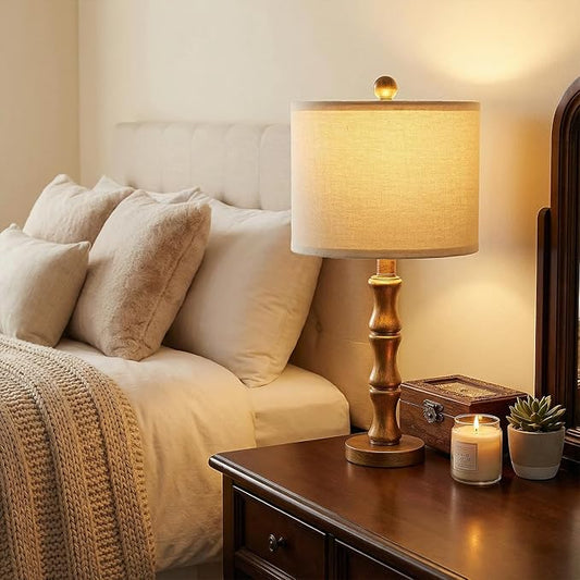 BOBOMOMO 20.5" Vintage Nightstand Lamps Set of 2, Farmhouse Table Lamps with Antique Gold Resin Base & Linen Shade, Small Bedside Lamp for Bedroom, Living Room, Office & Elegant Home Décor