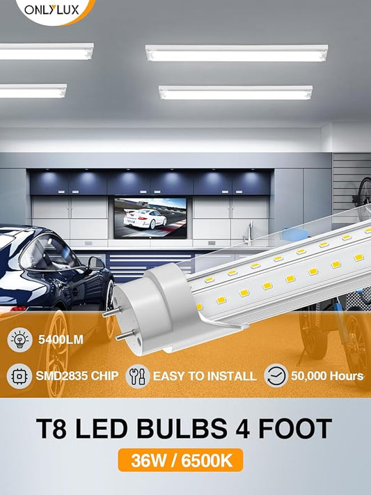 T8 Led Bulbs 4 Foot 6500K 36W 5400LM, Super Bright LED Daylight 4ft Bulb, Fluorescent Light Replacement, T8 4' Led Light Bulbs Ballast Bypass for Workshop Garage Warehouse 20 Pack