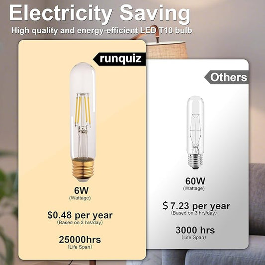 T10 Tubular Led Bulbs 60w Equivalent, Dimmable 5.25 Inch Led Tube Bulb, E26 T30 Edison Tubular Clear Light Bulbs, 5000K Cool White Long Skinny 6W 10 Pack