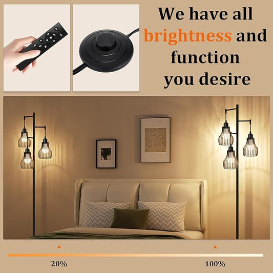 Dimmable Floor Lamps for Living Room, Farmhouse Tree Standing Tall Lamp with Remote Control 3 Elegant Cage Shade LED Bulbs for Bedroom Office - Black