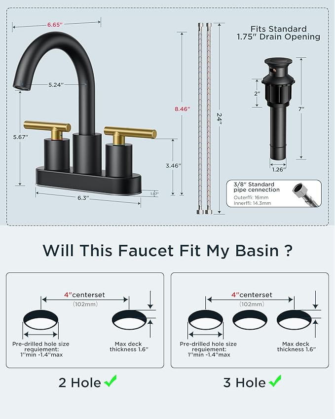 FORIOUS 4 in Black and Gold Bathroom Faucet Centerset, 2 Handle Matte Black Swivel Faucet for Bathroom Sink 2 or 3 Hole with Pop Up Dain Assembly and cUPC Supply Hose, Suitable for Vanity RV Restroom