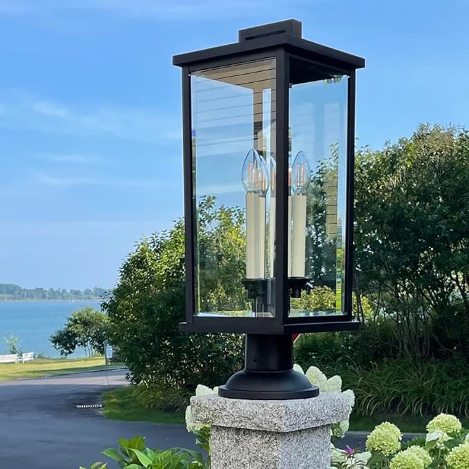 Hinkley Weymouth Large Post Top or Pier Mount Outdoor Lantern - Estate Series, 3-Light, Aluminum, Candle Sleeves, Rectangular, Clear Beveled Glass - Black Finish