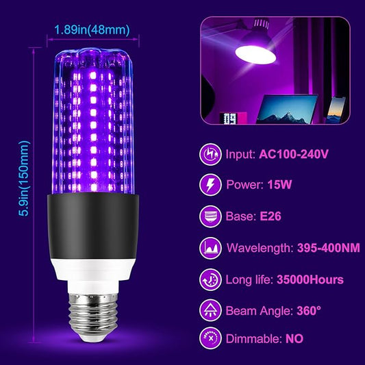 LED Black Light Bulb 15W UV Blacklight 100W Replacement 120V E26 Base, UVA Level 395-400nm Glow in The Dark for Body Pain, Blacklights Party, Halloween Decoration,2 Pack