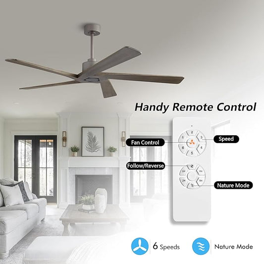 WINGBO 54 Inch DC Ceiling Fan without Lights, 5 Reversible Carved Solid Wood Blades, 6-Speed Noiseless DC Motor, Ceiling Fan No Light with Remote, Graphite Finish with Gray Blades, ETL Listed