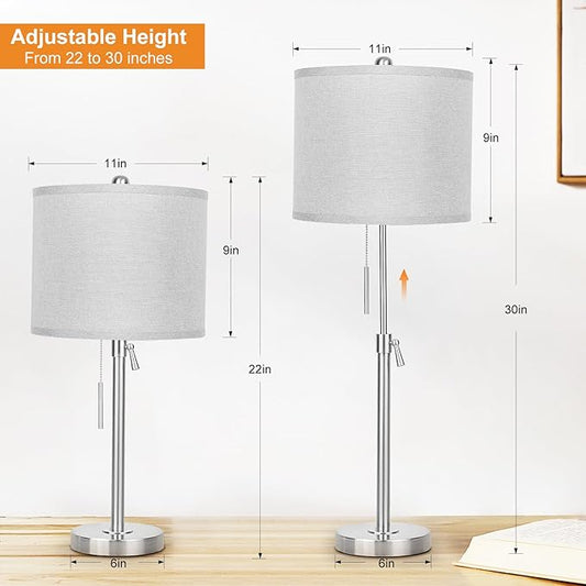 Table Lamps for Bedrooms Set of 2, 22" to 30" Height Adjustable Nightstand Lamps with Linen Shade, Pull Chain Switch Lamps for Living Room, 3 Way Dimmable Beside Lamp