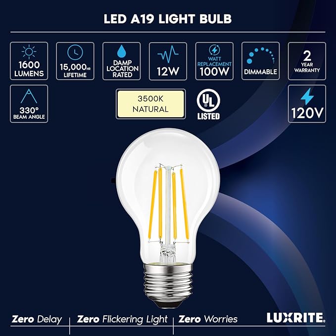 LUXRITE Vintage A19 LED Light Bulbs 100 Watt Equivalent, 1600 Lumens, 3500K Natural White, Dimmable Edison Light Bulbs, 12W, Damp Rated, UL Listed, Clear Glass Filament Bulb, E26 Medium Base (4 Pack)