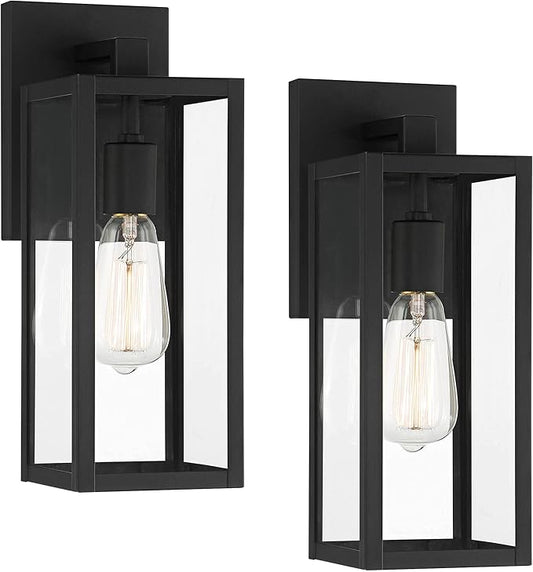 John Timberland Titan Modern Industrial Outdoor Wall Lights Fixtures Set of 2 Mystic Black Metal Damp Rated 14" Clear Glass Exterior House Porch Patio Outside Deck Garage Yard Front Door Home